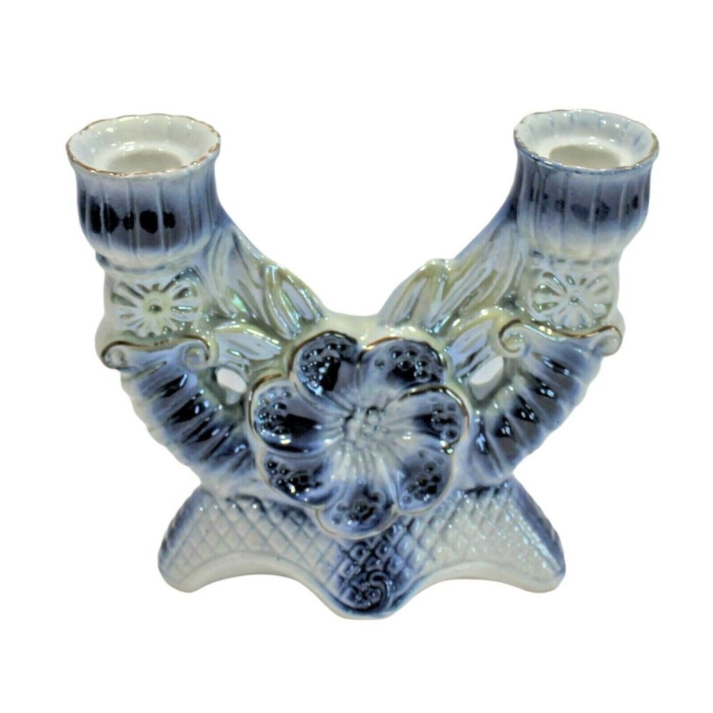 Ceramic Double Candle Holder Blue White Floral Luster Brazil